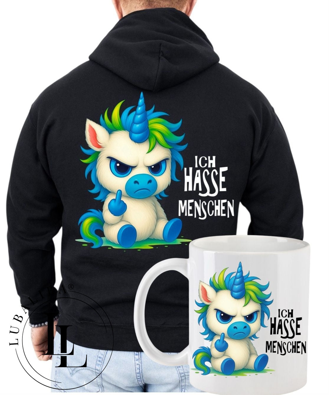 Hoodie Schwarz + TASSE " Ich Hasse Menschen Robert das Einhorn " ArtNr.: TCZ